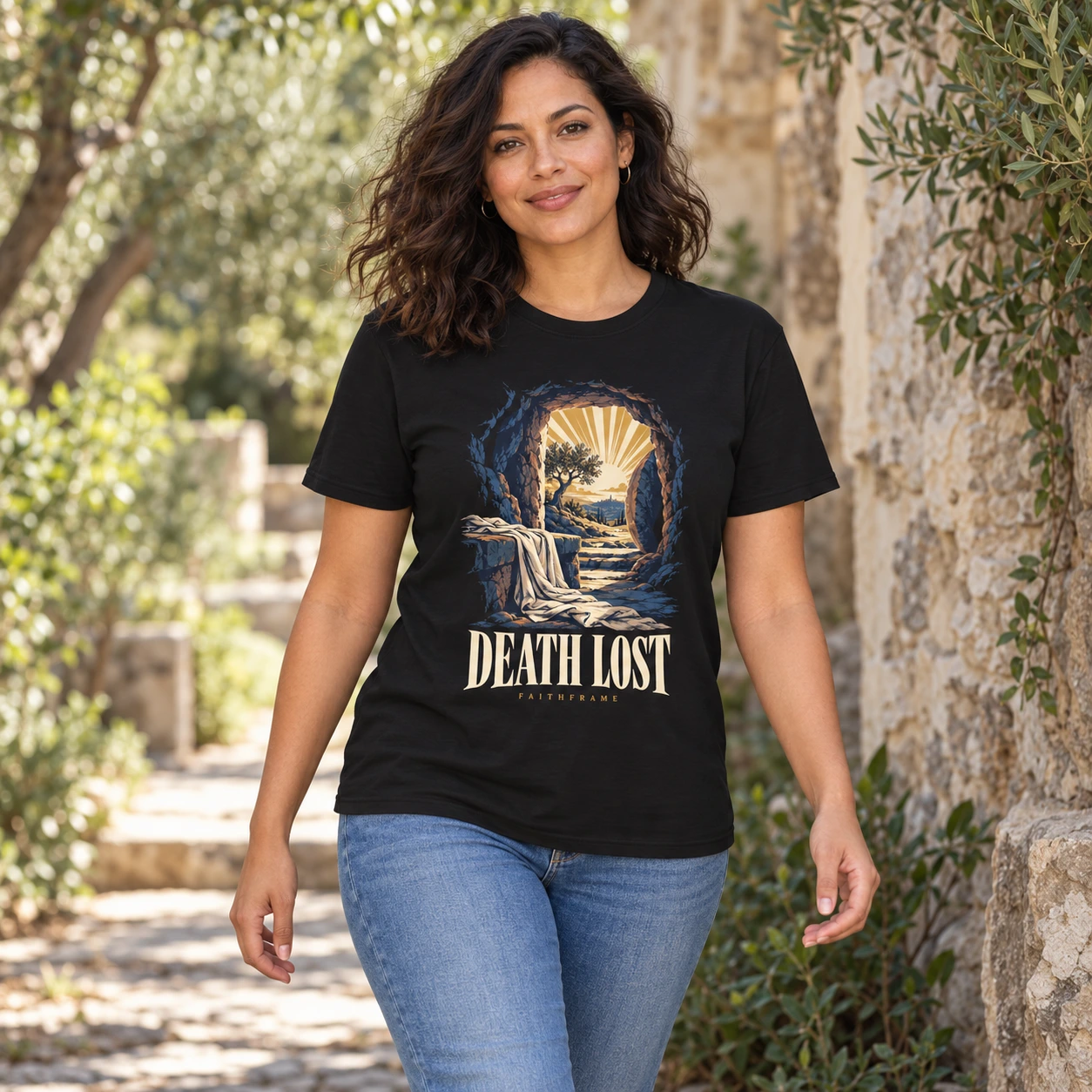 Woman wearing the black Death Lost tee on a shaded stone garden path