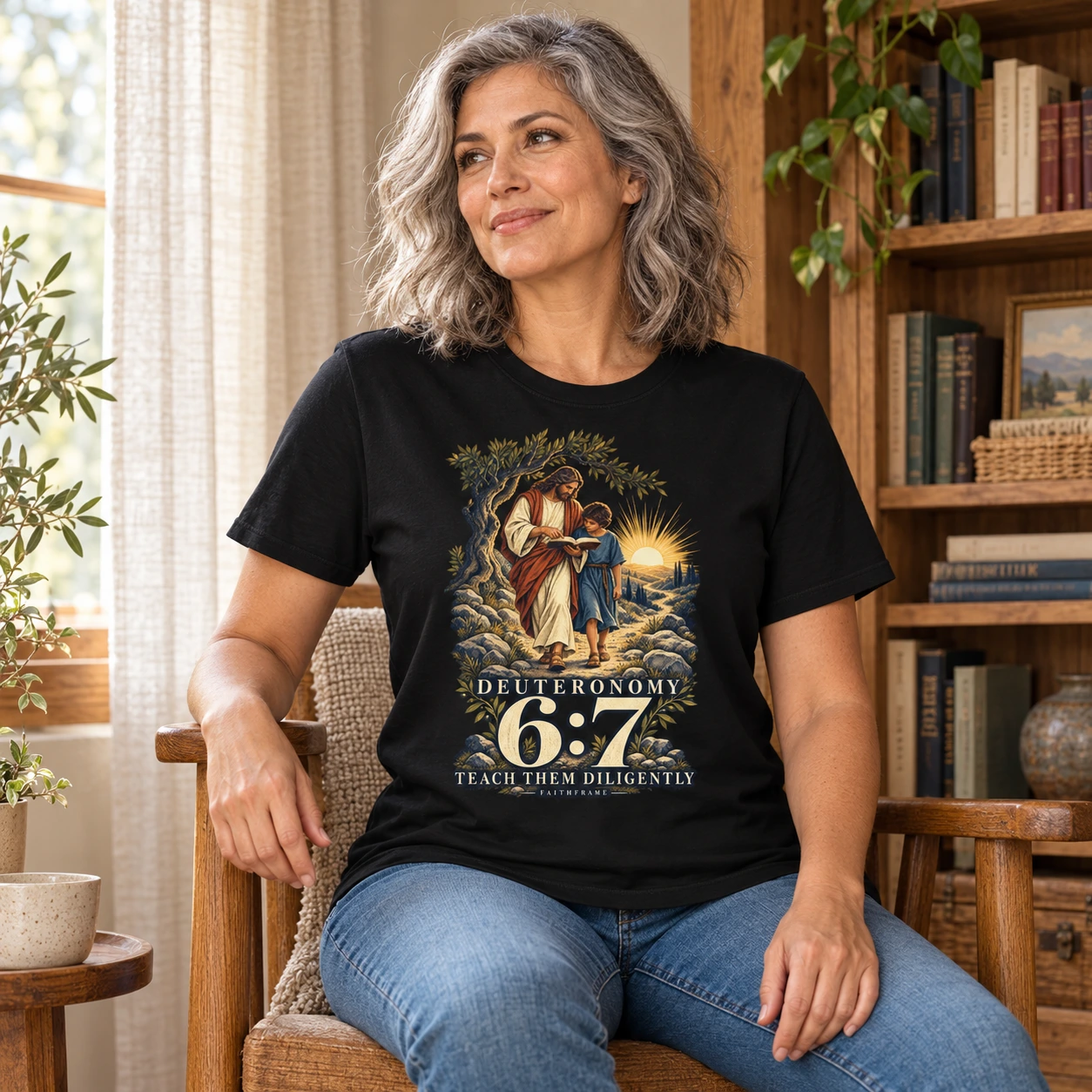 Woman wearing the black Deuteronomy 6:7 tee in a timber reading chair beside a bookcase