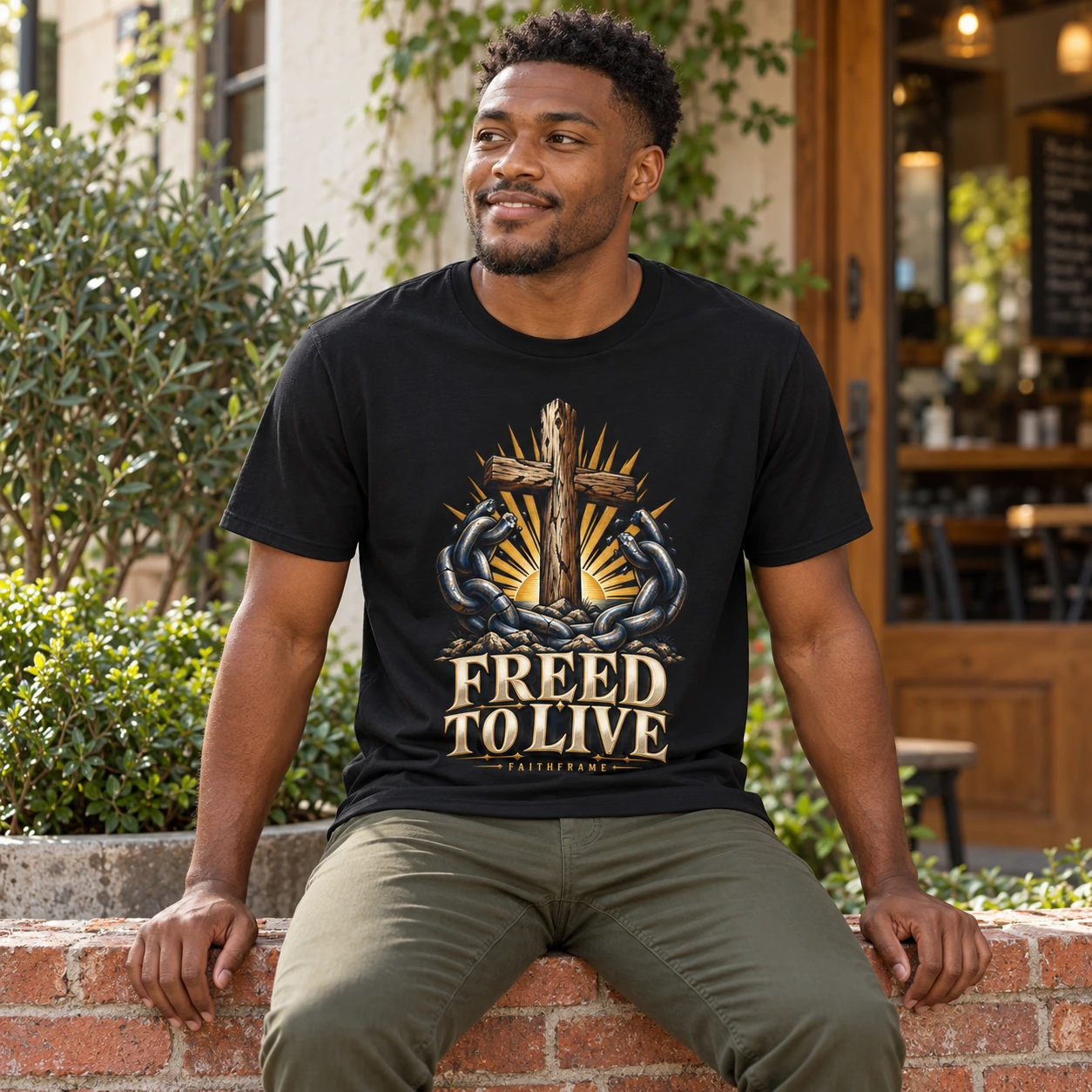 Man wearing the black Freed to Live tee seated on a low brick wall in a cafe garden