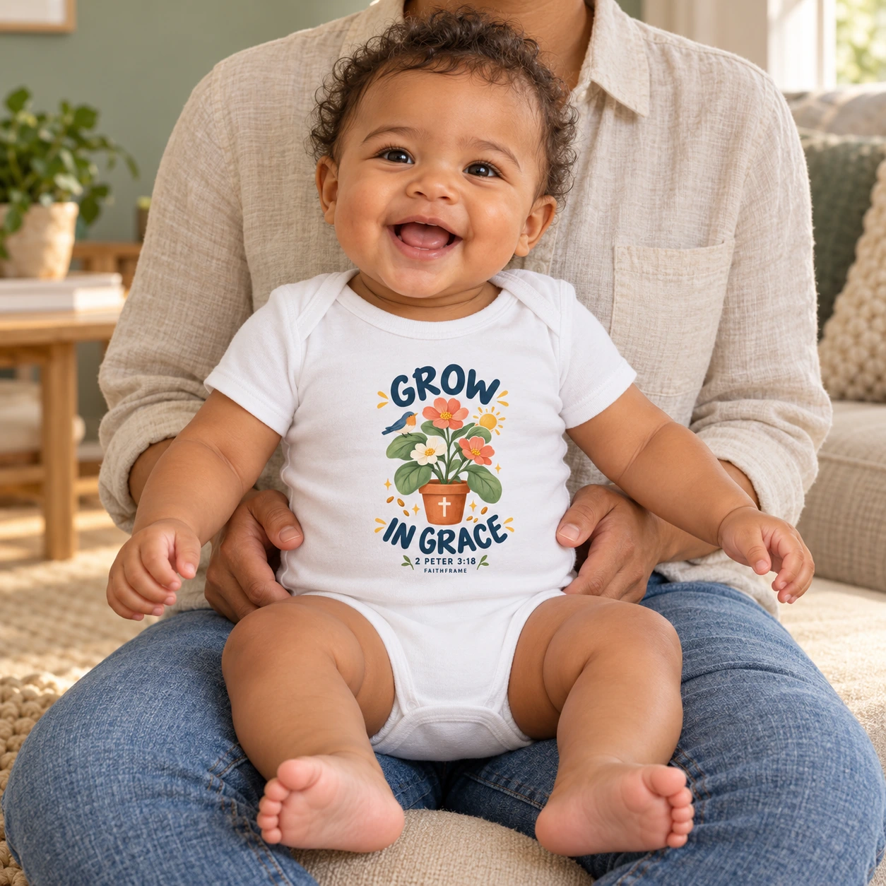 Baby wearing the white Grow in Grace bodysuit while supported on a parent’s lap