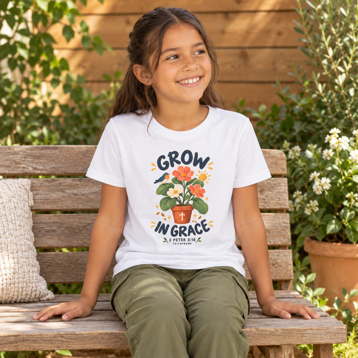 Girl wearing the white Grow in Grace youth tee seated on a garden bench