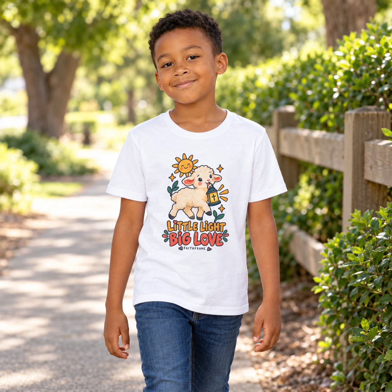 Boy wearing the white Little Light Big Love youth tee on a park path beside a timber fence